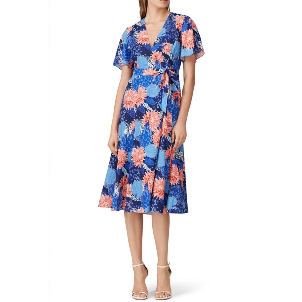 Slate & Willow Blue and Pink Ditsy Floral Flutter Sleeve Wrap Midi Dress Sz Med